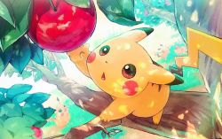 Rule 34 | apple, blurry, branch, brown eyes, commentary request, creatures (company), day, food, fruit, game freak, gen 1 pokemon, grass, in tree, kurokuma824, leaf, looking up, nintendo, no humans, open mouth, outdoors, pikachu, pokemon, pokemon (creature), tongue, tree