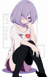 Rule 34 | 1girl, alternate costume, black-framed eyewear, black thighhighs, blue nails, blush, closed mouth, collarbone, commentary request, eyes visible through hair, fate/grand order, fate (series), fingernails, glasses, hair over one eye, hand up, head tilt, heart, highres, i heart..., looking at viewer, mash kyrielight, multicolored nails, nail polish, no shoes, purple eyes, purple hair, purple shorts, ratsuku kinoko, red nails, shirt, short shorts, short sleeves, shorts, sitting, smile, soles, solo, thighhighs, white shirt, wide sleeves