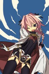 Rule 34 | 1boy, ;d, astolfo (fate), blush, braid, cape, fang, fate/apocrypha, fate (series), hair ribbon, highres, jpeg artifacts, long hair, looking at viewer, male focus, one eye closed, ootorii bisetsu, open mouth, pink hair, purple eyes, ribbon, single braid, sky, smile, solo, thighhighs, trap