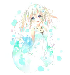 Rule 34 | 1girl, :d, blonde hair, blue eyes, bow, dress, fang, flower, jewelry, kuma (happylocation), necklace, open mouth, original, short hair, smile, solo, twintails