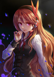 Rule 34 | 10s, 1girl, akame ga kill!, breasts, c home, candy, chelsea (akame ga kill!), food, headphones, lips, lollipop, long hair, nose, open collar, orange hair, pink eyes, plaid collar, popped collar, slime (substance), small breasts, solo, upper body, vest