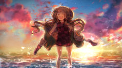 Rule 34 | 1girl, ahoge, blonde hair, blunt bangs, blush, closed eyes, hair ribbon, happy, holding, holding shoes, hood, hood down, in water, jacket, kyashii (a3yu9mi), looking at viewer, low twintails, reality arc (sinoalice), red riding hood (sinoalice), ribbon, shoes, sinoalice, sky, solo, splashing, star (sky), sunset, twintails, wading, wavy hair