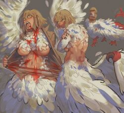 Rule 34 | 1girl, addy (@vegeebs), blonde hair, blood, body fur, breasts, centauroid, chimera, dragon girl, dungeon meshi, falin touden, falin touden (chimera), feathered wings, feathers, hair around ear, highres, large breasts, monster girl, open mouth, taur, white feathers, wings
