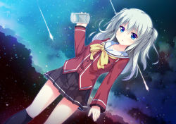 Rule 34 | 10s, 1girl, blue eyes, camcorder, charlotte (anime), commentary request, dutch angle, highres, kneehighs, kusunoki (escude), long hair, looking at viewer, school uniform, serafuku, silver hair, skirt, sky, socks, solo, star (sky), starry sky, tomori nao, twintails, two side up, video camera