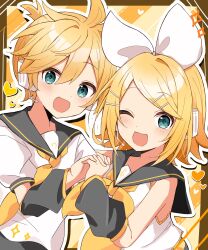 Rule 34 | 1boy, 1girl, :3, ahoge, aqua eyes, bare shoulders, bass clef, black sailor collar, black sleeves, blonde hair, bow, brother and sister, dani06685637224, detached sleeves, hair between eyes, hair bow, hair ornament, hairclip, headphones, headset, heart, highres, holding hands, interlocked fingers, kagamine len, kagamine rin, looking at viewer, narrow waist, neckerchief, necktie, one eye closed, open mouth, sailor collar, shirt, short hair, short ponytail, siblings, sleeveless, sleeveless shirt, smile, sparkle, spiked hair, swept bangs, treble clef, twins, vocaloid, white bow, yellow background, yellow neckerchief, yellow necktie, yellow theme