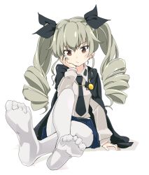 Rule 34 | 10s, 1girl, anchovy (girls und panzer), black ribbon, blush, brown eyes, cheek, closed mouth, crossed legs, drill hair, feet, foot focus, foreshortening, frown, girls und panzer, green hair, hair ribbon, hand on own cheek, hand on own face, ixy, legs, long sleeves, military, military uniform, necktie, no shoes, pantyhose, ribbon, simple background, sitting, soles, solo, twin drills, twintails, uniform, white background, white pantyhose