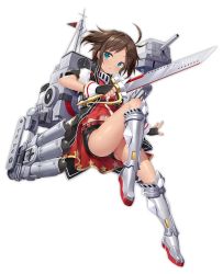 Rule 34 | 1girl, ahoge, azur lane, black gloves, blush, brown hair, cannon, fingerless gloves, full body, gloves, green eyes, holding, holding sword, holding weapon, le mars (azur lane), looking at viewer, machinery, navel, official art, rigging, short hair, solo, sword, thighhighs, thighs, torpedo, transparent background, turret, weapon, yano mitsuki (nanairo)