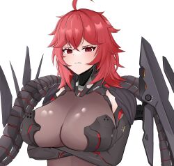 Rule 34 | 1girl, absurdres, ahoge, angry, armor, armored leotard, bodystocking, boobplate, breastplate, breasts, cleavage, clenched teeth, commentary, crossed arms, fang, gauntlets, goddess of victory: nikke, hair between eyes, hanco (xpvg7732), highres, large breasts, long hair, looking at viewer, mechanical tail, nihilister (nikke), red eyes, red hair, rigging, see-through, see-through cleavage, shadow, sidelocks, simple background, solo, standing, tail, teeth, upper body, white background