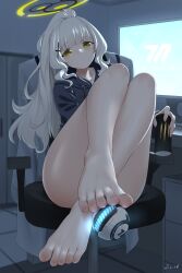 Rule 34 | 1girl, absurdres, ass, barefoot, black hoodie, blue archive, blush, can, chair, closed mouth, cross hair ornament, feet, fingernails, green eyes, grey hair, hair ornament, halo, hare (blue archive), highres, holding, holding can, hood, hood down, hoodie, indoors, j.c.14, long hair, long sleeves, looking at viewer, monitor, monster energy, signature, solo, toenails, toes