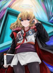 Rule 34 | 1girl, absurdres, black jacket, blonde hair, flat chest, floating clothes, gradient hair, halo, headset, highres, holding, holding tablet pc, hololive, hololive english, jacket, japanese clothes, jenma-chan, light smile, looking up, medium hair, multicolored hair, obi, pink hair, sash, solo, tablet pc, triangle hair ornament, tunnarata, virtual youtuber