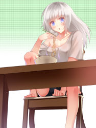 Rule 34 | 1girl, :o, bad id, bad pixiv id, barefoot, blue eyes, blush, bowl, breasts, chair, chopsticks, cleavage, collarbone, eating, feet on chair, food, from below, gradient background, green background, ktsis, long hair, looking at viewer, noodles, off shoulder, open mouth, original, shirt, shorts, silver hair, sitting, solo, table, toes, white background
