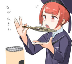 Rule 34 | 1girl, black neckerchief, blue dress, blue hat, blue sailor collar, blunt bangs, character name, clothes writing, co botan, commentary request, dress, fish, flat chest, flying sweatdrops, food, from side, gesture request, half-closed eyes, hat, highres, holding, holding food, kantai collection, long sleeves, navy blue hat, neckerchief, open mouth, orange eyes, orange hair, sailor collar, sailor dress, short hair, simple background, skewer, solo, translation request, upper body, very short hair, white background, z3 max schultz (kancolle)