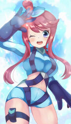 Rule 34 | 1girl, ;o, arm up, blue gloves, blue jacket, blue shorts, blue sky, breasts, cowboy shot, creatures (company), crop top, cropped jacket, game freak, gloves, hair ornament, hand up, highres, impossible clothes, impossible jacket, jacket, large breasts, light blush, long bangs, long sleeves, looking at viewer, midriff, nintendo, one eye closed, one side up, open mouth, pokemon, pokemon bw, pouch, purple eyes, red hair, shiny skin, short hair, short hair with long locks, short shorts, shorts, sidelocks, sky, skyla (pokemon), solo, standing, suspenders, swept bangs, teeth, thigh pouch, thigh strap, thighs, tongue, turtleneck, umiru, upper teeth only