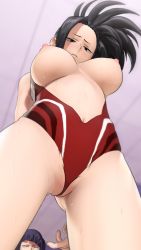 Rule 34 | arms behind back, bare shoulders, black eyes, black hair, blush, bodysuit, boku no hero academia, breasts, breasts out, ceiling, center opening, chest cutout, dutch angle, from below, gluteal fold, greatm8, groin, hair pulled back, highres, indoors, jitome, large breasts, long hair, looking down, midriff, navel, nipples, parted lips, photoshop (medium), ponytail, pussy, pussy peek, red bodysuit, sanpaku, short hair, solo focus, source filmmaker (medium), sweat, thighs, yaoyorozu momo