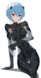 1girl, absurdres, arm support, ayanami rei, bangs, black bodysuit, blue hair, bodysuit, breasts, breasts apart, closed mouth, earphones, hair between eyes, headgear, highres, holding, looking at viewer, neon genesis evangelion, plugsuit, red eyes, ryes 8, shiny, shiny hair, short hair, simple background, sitting, small breasts, smile, solo, thigh gap, white background