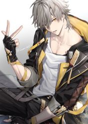 Rule 34 | 1boy, artist name, belt, black coat, black gloves, black pants, caelus (honkai: star rail), cellphone, chain, coat, collarbone, collared coat, commentary, fingerless gloves, fingernails, gloves, gold chain, gradient background, grey background, grey belt, grey hair, hair between eyes, highres, holding, holding phone, honkai: star rail, honkai (series), hood, hooded coat, long sleeves, looking at viewer, male focus, multicolored coat, open mouth, pants, phone, pocket watch, shirt, short hair, simple background, sitting, smartphone, solo, sonomi, symbol-only commentary, t-shirt, tassel, teeth, tongue, trailblazer (honkai: star rail), two-tone coat, w, watch, white background, white shirt, yellow coat, yellow eyes