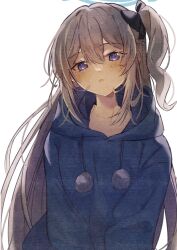 Rule 34 | 1girl, blue archive, blue halo, blue hoodie, blush, braid, grey hair, hair between eyes, halo, highres, hood, hood down, hoodie, long hair, long sleeves, looking at viewer, miyako (blue archive), miyako (young) (blue archive), naoton, one side up, open mouth, purple eyes, simple background, solo, upper body, white background