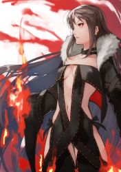 Rule 34 | 1girl, absurdres, breasts, brown eyes, brown hair, collarbone, cowboy shot, fate (series), fire, fur trim, grey background, highres, long hair, long sleeves, magic, navel, parted lips, profile, red background, small breasts, solo, stomach, wide sleeves, yoshio (55level), yu mei-ren (fate)