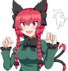 Rule 34 | 1girl, animal ears, bow, braid, cat ears, cat tail, claw pose, dress, hair bow, highres, kaenbyou rin, long sleeves, multiple tails, nekomata, red eyes, red hair, seo haruto, tail, touhou, twin braids, two tails, upper body