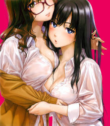 Rule 34 | 2girls, absurdres, black hair, blue eyes, blush, breasts, brown hair, cardigan, cleavage, dress shirt, fingernails, glasses, green eyes, highres, long fingernails, long hair, looking at viewer, medium breasts, multiple girls, naruko hanaharu, navel, off shoulder, open clothes, open shirt, original, parted lips, pink background, red-framed eyewear, scan, see-through, shirt, simple background, sweat, wet, wet clothes, yuri