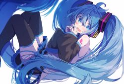 Rule 34 | 1girl, absurdly long hair, aqua nails, aqua necktie, bare shoulders, black skirt, black sleeves, black thighhighs, blue eyes, blue hair, commentary, detached sleeves, feet out of frame, grey shirt, hair ornament, hatsune miku, headphones, headset, heart, heart in eye, highres, knees up, long hair, looking at viewer, nail polish, necktie, nuko 0108, open mouth, own hands together, shirt, shoulder tattoo, skirt, sleeveless, sleeveless shirt, smile, solo, symbol in eye, tattoo, thighhighs, translated, twintails, very long hair, vocaloid, zettai ryouiki