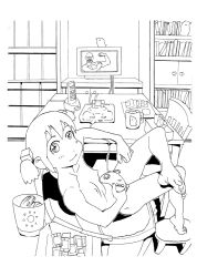Rule 34 | bird, book, breasts, casual nudity, chair, controller, feet, from above, game console, game controller, cube hair ornament, hair ornament, highres, crossed legs, looking at viewer, monochrome, naganohara mio, nichijou, nipples, nude, phone, playing games, sitting, small breasts, smile, table, television, tissue box, twintails, video game