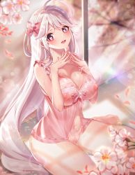 Rule 34 | 1girl, :d, ahoge, babydoll, bare shoulders, blush, bow, breasts, character request, cherry blossoms, collarbone, commentary request, day, elsword, eyelashes, fingernails, fingers together, groin, hair bow, heart, heart-shaped pupils, highres, lens flare, long hair, looking at viewer, makeup, mascara, nail polish, navel, nipples, no panties, open mouth, original, petals, pink bow, pink eyes, pink nails, polla, pussy, revision, see-through, sidelocks, signature, silver hair, sitting, smile, solo, stomach, symbol-shaped pupils, very long hair, wariza, wet, window