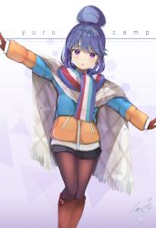 Rule 34 | 1girl, :&lt;, black skirt, blue hair, blue jacket, boots, brown footwear, brown gloves, brown pantyhose, commentary request, copyright name, dated, fringe trim, gloves, hair bun, highres, jacket, knee boots, long sleeves, looking at viewer, outstretched arms, pantyhose, parted lips, pixiv id, pleated skirt, purple eyes, scarf, shima rin, sidelocks, signature, single hair bun, skirt, solo, teratsuki, triangle mouth, yurucamp