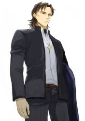 1boy adapted_costume bad_id bad_pixiv_id brown_eyes brown_hair cross cross_necklace fate/stay_night fate_(series) jewelry kotomine_kirei male_focus necklace sake_(kadai) solo