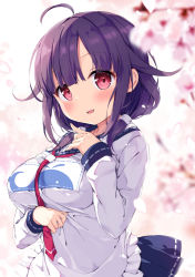 Rule 34 | 1girl, ahoge, blue sailor collar, blue skirt, blush, breasts, cherry blossoms, ezoshika, hair flaps, kantai collection, large breasts, long hair, long sleeves, low twintails, neckerchief, open mouth, petals, pleated skirt, purple hair, red eyes, red neckerchief, sailor collar, school uniform, serafuku, skirt, smile, solo, taigei (kancolle), twintails