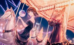 Rule 34 | 1girl, bare shoulders, blue dress, blue eyes, blue sky, blurry, blurry background, blurry foreground, brown hair, carousel, character request, clear sky, closed mouth, copyright request, depth of field, dress, feet out of frame, full moon, highres, hiten (hitenkei), holding, horse, light, looking away, moon, night, night sky, off-shoulder dress, off shoulder, outdoors, short hair, sidelocks, sitting, sky, smile, solo, watch, wristwatch