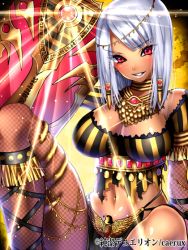 Rule 34 | 1girl, blush, breasts, character request, checkered clothes, checkered legwear, egyptian, grey hair, grin, jewelry, junketsu duelion, large breasts, long hair, looking at viewer, lots of jewelry, mataro (matarou), navel, necklace, red eyes, smile, solo, sword, torn clothes, weapon