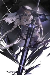 Rule 34 | 1girl, android, bianca: stigmata (punishing: gray raven), bianca (punishing: gray raven), blonde hair, braid, braided ponytail, dark background, fighting stance, hair ornament, highres, holding, holding weapon, long hair, looking at viewer, mole, mole under eye, ponytail, punishing: gray raven, purple eyes, weapon, wen54, white background