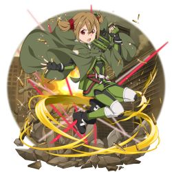 Rule 34 | 1girl, black footwear, black gloves, boots, brown hair, bullet, cloak, fingerless gloves, full body, gloves, green cloak, green pants, gun, hair between eyes, hair ornament, highres, holding, holding gun, holding weapon, jumping, looking at viewer, military, military uniform, official art, open mouth, pants, red eyes, short hair, short twintails, silica, solo, sword art online, transparent background, twintails, uniform, weapon