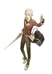 Rule 34 | 10s, 1boy, absurdres, atelier (series), atelier escha &amp; logy, bishounen, fingerless gloves, full body, gloves, hidari (left side), highres, jacket, jewelry, logix ficsario, male focus, necklace, official art, pendant, short hair, simple background, solo, sword, weapon, white background, white hair, yellow eyes
