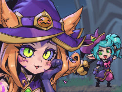 Rule 34 | 2girls, :d, bewitching neeko, bewitching poppy, blonde hair, blush, colored sclera, fang, gloves, green eyes, green hair, hand on own cheek, hand on own face, hand up, holding, holding staff, league of legends, medium hair, multiple girls, neeko (league of legends), open mouth, pants, phantom ix row, pink headwear, pink pants, pink sclera, pointy ears, poppy (league of legends), portrait, puffy short sleeves, puffy sleeves, pumpkin, purple headwear, short sleeves, slit pupils, smile, staff, tongue, tongue out, twintails, yellow eyes