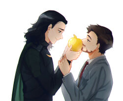 Rule 34 | 2boys, animification, apple, black hair, black shirt, brown eyes, brown hair, buttons, cape, closed mouth, collared jacket, collared shirt, commentary, english commentary, facial hair, fingernails, food, fruit, golden apple, green cape, green eyes, grey jacket, holding, holding food, holding fruit, jacket, loki (marvel), long sleeves, looking at another, male focus, marvel, marvel cinematic universe, medium hair, multiple boys, murdermuffinloki, necktie, open clothes, open jacket, red necktie, shirt, short hair, simple background, smile, standing, teeth, tony stark, white background, white shirt, yaoi