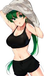 Rule 34 | 1girl, :o, alternate costume, armpits, arms up, bike shorts, black shorts, blush, breasts, cleavage, clothes lift, collarbone, cowboy shot, dutch angle, earrings, fire emblem, fire emblem: the blazing blade, green eyes, green hair, head tilt, highres, jewelry, large breasts, lifted by self, long hair, lyn (fire emblem), navel, nintendo, open mouth, ormille, pantylines, parted bangs, ponytail, shirt, shirt lift, shorts, solo, sports bra, stomach, sweat, undressing, very long hair, white shirt