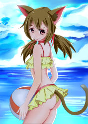 Rule 34 | 10s, 1girl, absurdres, animal ears, ass, bad id, bad pixiv id, bikini, brown hair, cat ears, collarbone, frilled bikini, frills, hair ribbon, highres, long hair, red eyes, red ribbon, ribbon, short twintails, silica, silica (sao-alo), simple background, solo, swimsuit, sword art online, sword art online: code register, tail, twintails