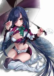 Rule 34 | 1girl, adapted costume, bandeau, black hair, boots, breasts, brown eyes, cleavage, hair over one eye, hair ribbon, hayashimo (kancolle), highres, kantai collection, long hair, looking at viewer, mizoredama1, multicolored clothes, race queen, ribbon, short shorts, shorts, simple background, sitting, smile, solo, thigh boots, thighhighs, umbrella, very long hair, white background, white thighhighs, yokozuwari