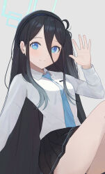 Rule 34 | 1girl, absurdres, aris (blue archive), black hair, blue archive, blue eyes, blush, collared shirt, commentary, hairband, halo, hand up, highres, knees up, kumare yuki, long bangs, long hair, long sleeves, looking at viewer, necktie, one side up, pleated skirt, shirt, sitting, skirt, smile, solo, very long hair