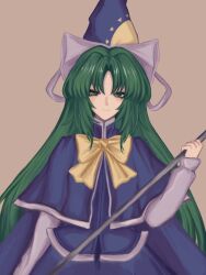 Rule 34 | 1girl, 1hoshimiyabi, blue capelet, blue dress, blue headwear, bow, capelet, commentary, dress, green eyes, green hair, hand up, highres, holding, holding wand, long hair, long sleeves, looking at viewer, mima (touhou), puffy sleeves, signature, smile, solo, symbol-only commentary, touhou, touhou (pc-98), upper body, wand, white bow, white trim, yellow background, yellow bow