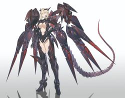 Rule 34 | 1girl, absurdres, armor, artoria pendragon (fate), artoria pendragon (lancer alter) (fate), blonde hair, breasts, clothing cutout, fate/grand order, fate (series), full body, gauntlets, gradient background, hair between eyes, high heels, highres, horns, large breasts, mechanization, revealing clothes, science fiction, shadow, simple background, skin tight, sohn woohyoung, solo, stomach cutout, tail, underboob, yellow eyes