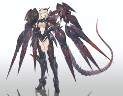 1girl absurdres armor artoria_pendragon_(fate) artoria_pendragon_(lancer_alter)_(fate) blonde_hair breasts clothing_cutout fate/grand_order fate_(series) full_body gauntlets gradient_background hair_between_eyes high_heels highres horns large_breasts mechanization revealing_clothes science_fiction shadow simple_background skin_tight sohn_woohyoung solo stomach_cutout tail underboob yellow_eyes