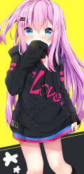 Rule 34 | 1girl, black background, black hoodie, black socks, blue eyes, blush, clothes writing, commentary request, covered mouth, drawstring, english text, hair between eyes, hair ornament, hairclip, highres, hood, hood down, hoodie, kneehighs, kouda suzu, long hair, long sleeves, one side up, original, pink hair, sleeves past fingers, sleeves past wrists, socks, solo, two-tone background, very long hair, yellow background