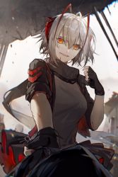 Rule 34 | 1girl, ahoge, antenna hair, arknights, black gloves, black jacket, black skirt, blood, blood on face, blurry, blurry background, chromatic aberration, cowboy shot, fingerless gloves, gloves, grey hair, grey shirt, hand up, horns, jacket, looking at viewer, open mouth, orange eyes, outdoors, pov, qinglai haiji, red horns, red skirt, scarf, shirt, shoulder strap, skirt, sleeves rolled up, smile, solo, two-tone skirt, w (arknights)