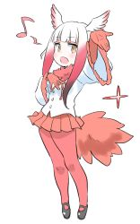 Rule 34 | 10s, 1girl, breasts, brown eyes, colored skin, frilled sleeves, frills, gradient hair, hand on own chest, hand up, head wings, highres, japanese crested ibis (kemono friends), kemono friends, mary janes, multicolored hair, musical note, neck ribbon, open mouth, red legwear, red skin, red skirt, ribbon, sandstar, shirt, shoes, simple background, skirt, small breasts, tail, white background, white shirt, wings, zk (zk gundan)