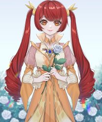 Rule 34 | 1girl, blurry, blurry background, bow, brown eyes, bush, detached collar, dress, feiluo, flower, hair bow, hands up, highres, holding, holding flower, juliet sleeves, kumu zaisheng, long hair, long sleeves, looking at viewer, puffy sleeves, red hair, rose, rose bush, see-through, see-through sleeves, smile, solo, twintails, upper body, white flower, white rose, xing xueyuan, yellow bow, yellow dress