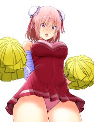 Rule 34 | 1girl, absurdres, alternate costume, bandaged arm, bandages, bare shoulders, blush, breasts, cheerleader, commentary request, covered navel, cowboy shot, double bun, dress, embarrassed, from below, hair between eyes, hair bun, highres, holding, holding pom poms, ibaraki kasen, impossible clothes, kyanta5354, large breasts, looking at viewer, microdress, nose blush, open mouth, panties, pink eyes, pink hair, pink panties, pom pom (cheerleading), pom poms, short hair, simple background, solo, touhou, underwear, v-shaped eyebrows, white background