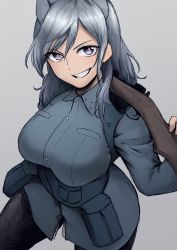 Rule 34 | 1girl, animal ear fluff, aurora e. juutilainen, blue jacket, breasts, dutch angle, grey background, grey hair, gun, highres, jacket, large breasts, leggings, liar lawyer, looking at viewer, over shoulder, pouch, purple eyes, rifle, sidelocks, smirk, solo, strike witches, strike witches: aurora no majo, uniform, weapon, weapon over shoulder, world witches series